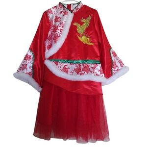 Chinese New Year  Dress Woman Medium Red Long Sleeve Faux Fur Embroidered Mesh‎